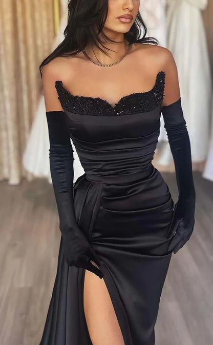 RP1512-Elegant Black Mermaid Sweetheart Ruched Beaded Long Sleeves Satin Prom Evening Dresses Formal Party Gowns With Slit