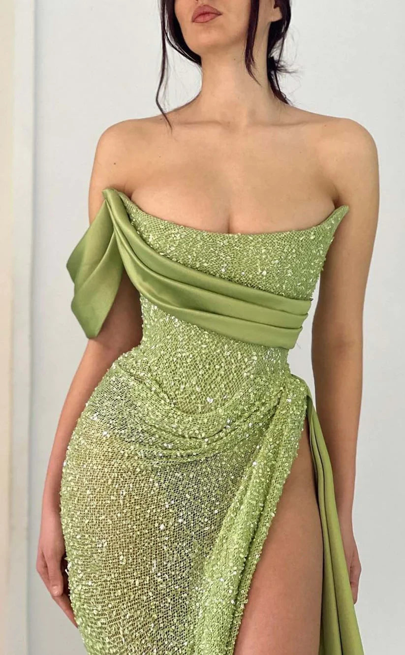 RP1513-Sparkling Green Mermaid One Shoulder Sequins Ruched Sleeveless Prom Evening Dresses Formal Party Gowns With Slit