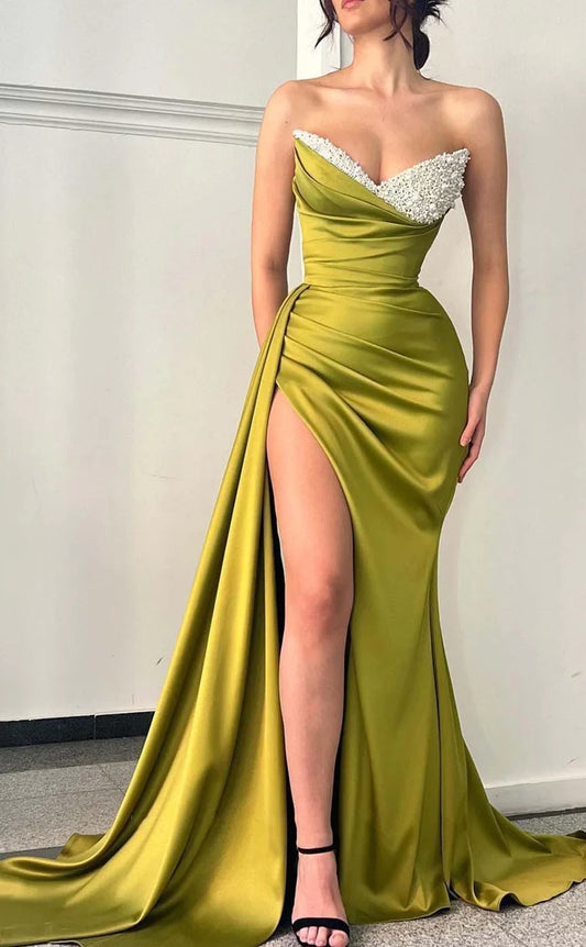 RP1499-Gorgeous Olive Mermaid Sweetheart Beaded Ruched Sleeveless Satin Prom Evening Dresses Formal Party Gowns With Slit