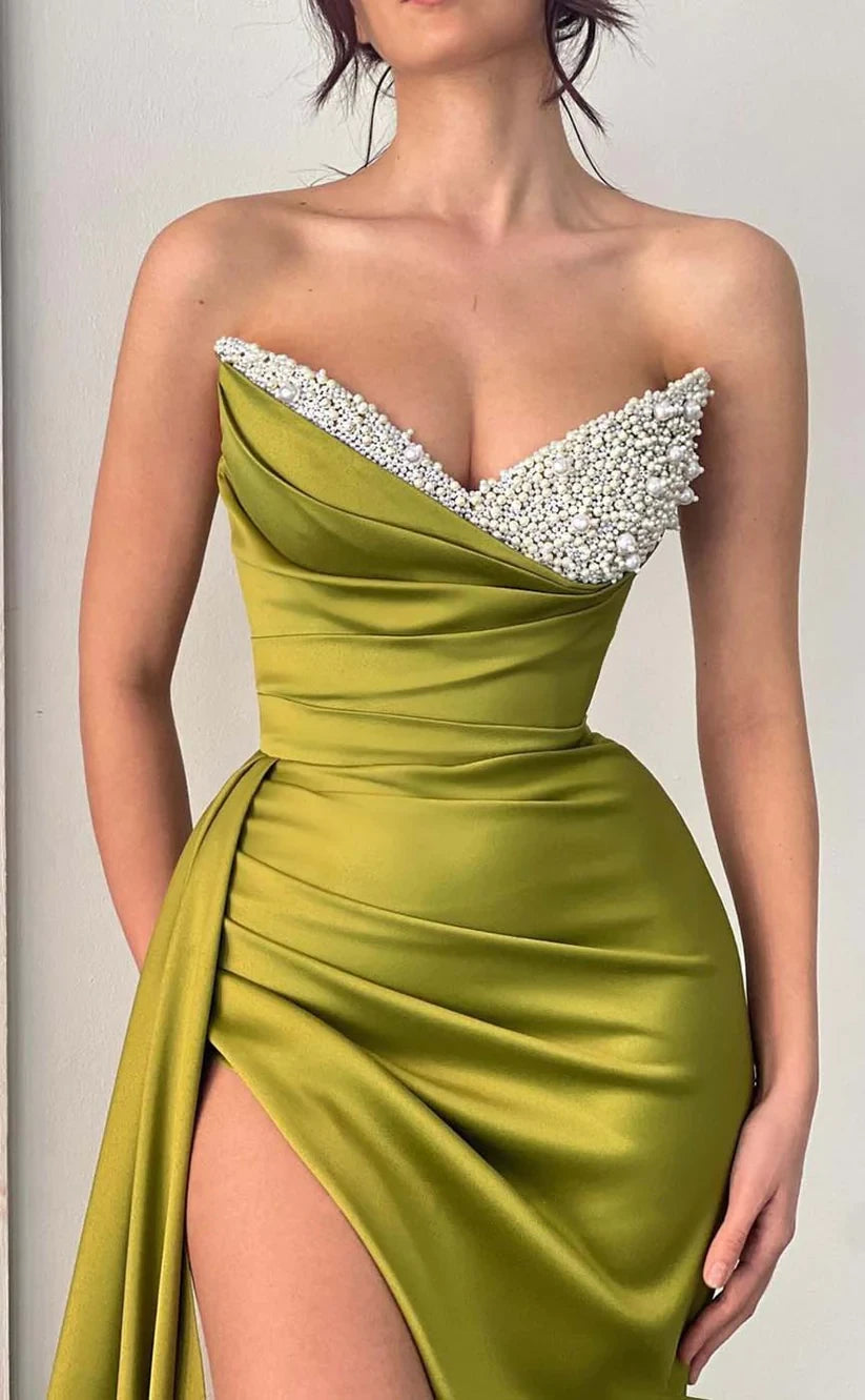 RP1499-Gorgeous Olive Mermaid Sweetheart Beaded Ruched Sleeveless Satin Prom Evening Dresses Formal Party Gowns With Slit