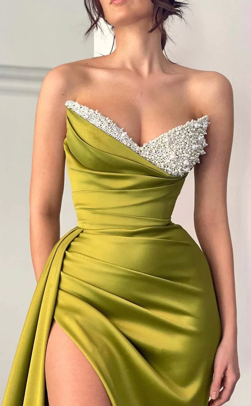 RP1499-Gorgeous Olive Mermaid Sweetheart Beaded Ruched Sleeveless Satin Prom Evening Dresses Formal Party Gowns With Slit