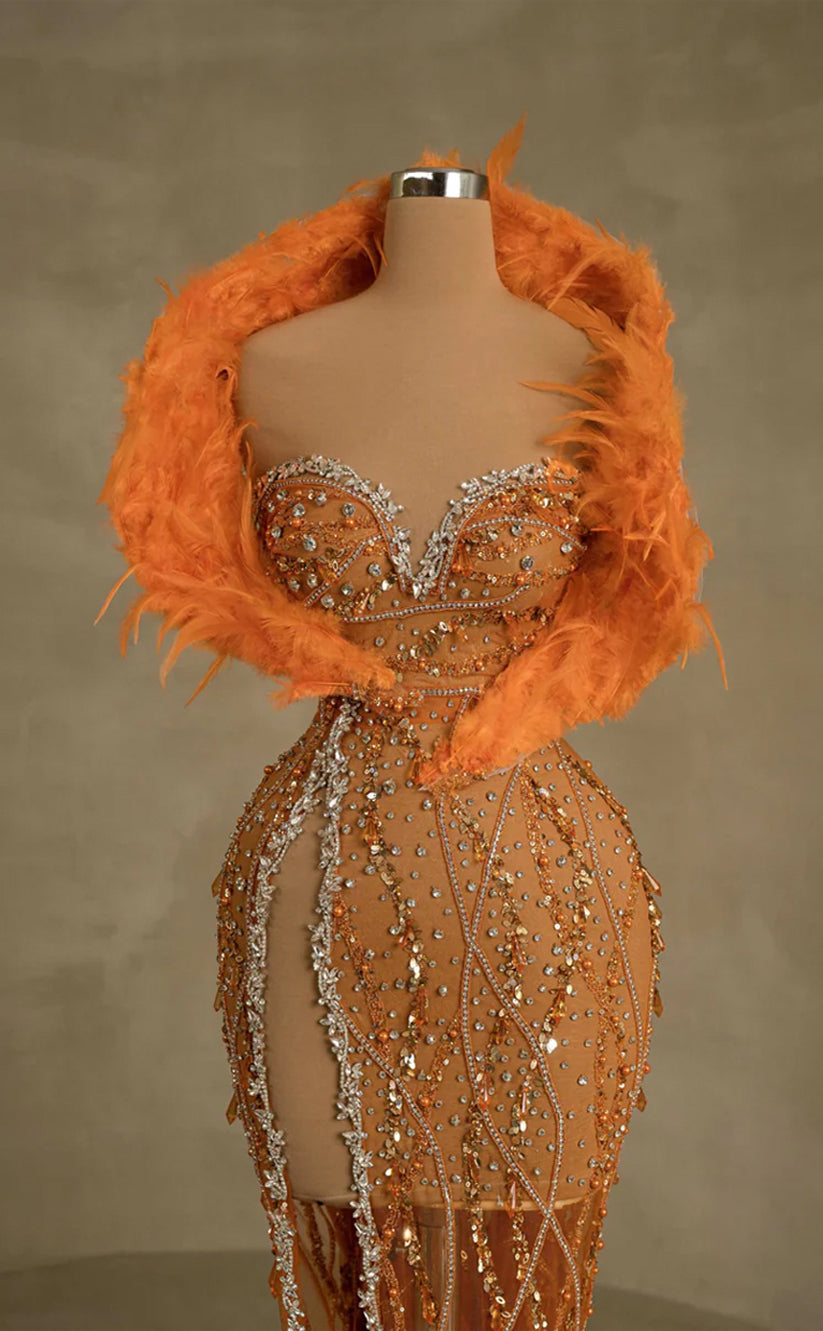 RP252-Orange Trumpet Sweetheart Beads Crystals Feather Prom Evening Dresses Formal Party Gowns With a wrap