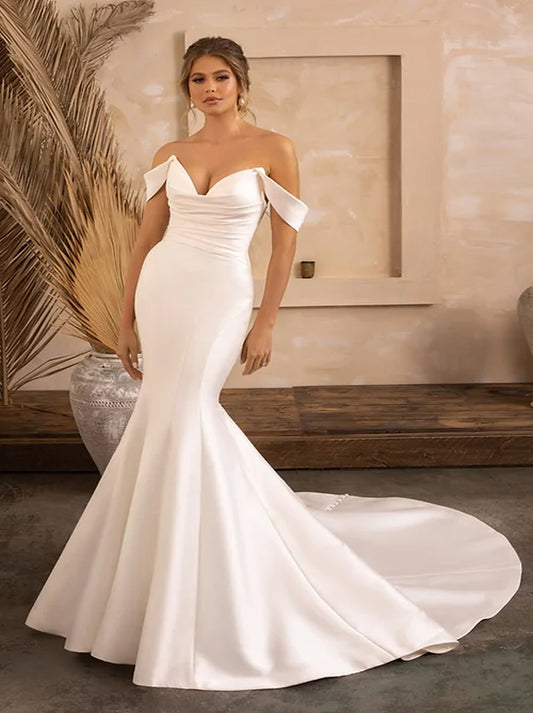 Simple & Elegant Mermaid Wedding Dresses Sweetheart Pleated Cap Sleeves Satin Sweep Train Bridal Gowns Custom Made