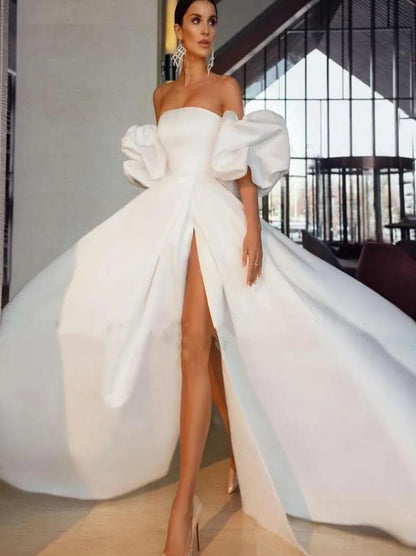 Simple A-Line Wedding Dresses Strapless Puffy Detachable Sleeves Side Slit Satin Sweep Train Bridal Gowns