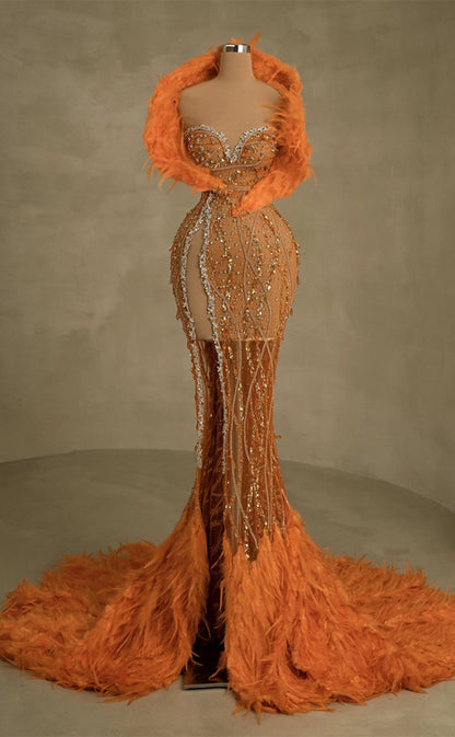 RP252-Orange Trumpet Sweetheart Beads Crystals Feather Prom Evening Dresses Formal Party Gowns With a wrap