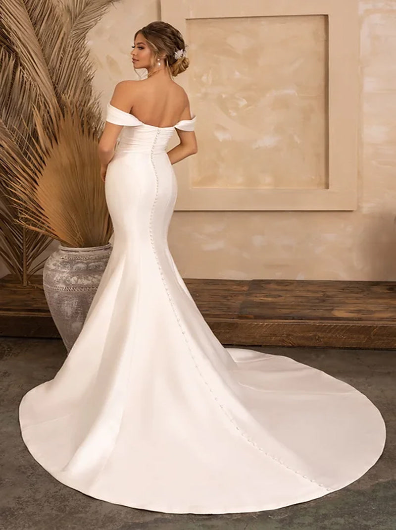 Elegant Mermaid Wedding Dresses Sweetheart Pleated Satin Bridal Gowns Custom Made With Sweep Train