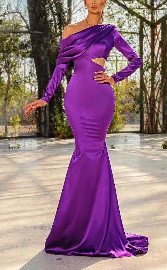 RP1514-Elegant Purple Mermaid One Shoulder Ruched Long Sleeves Satin Prom Evening Dresses Formal Party Gowns With Train