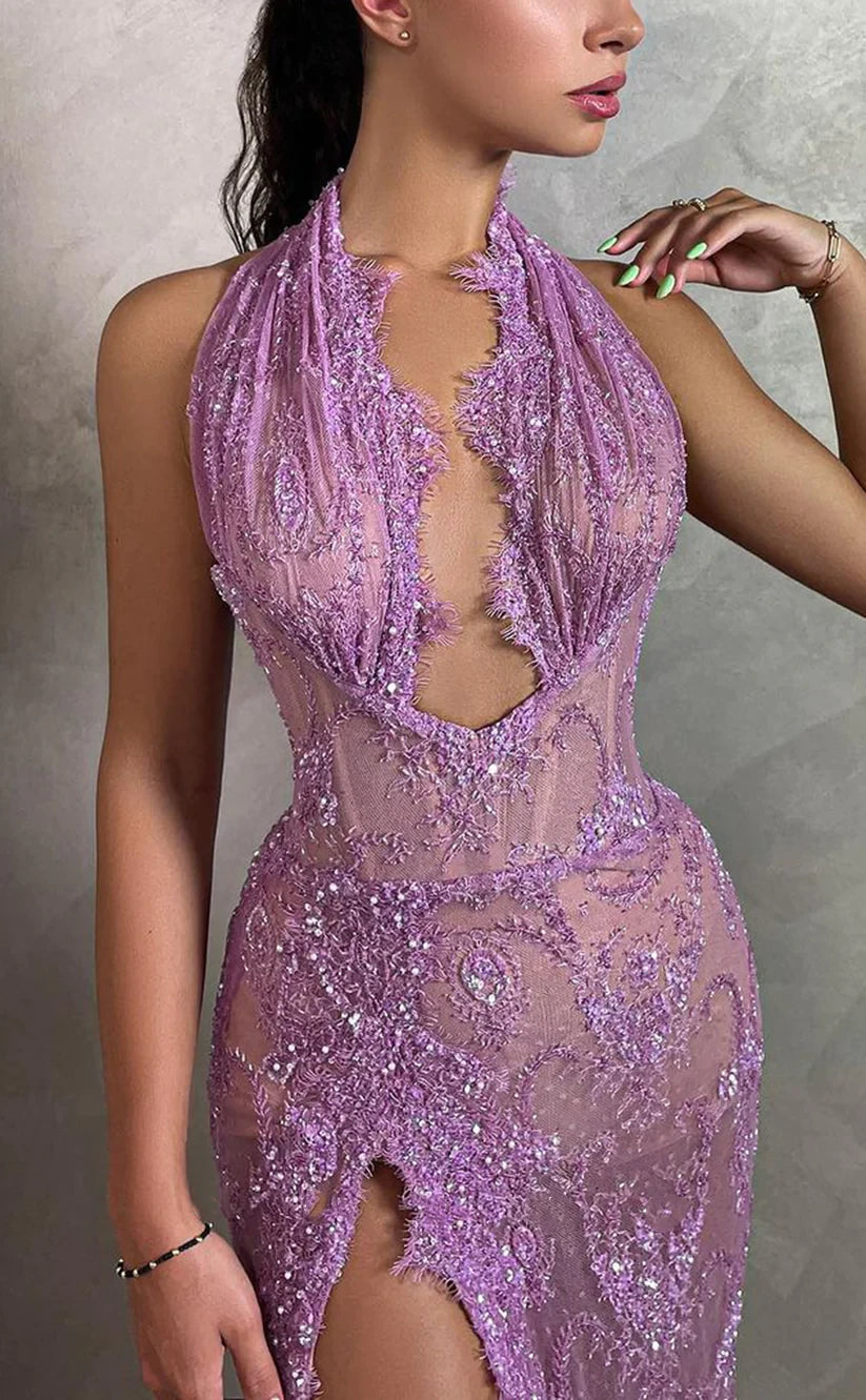 RP1516-Charming Purple Mermaid Halter Beaded Sleeveless Lace Prom Evening Dresses Formal Party Gowns With Slit