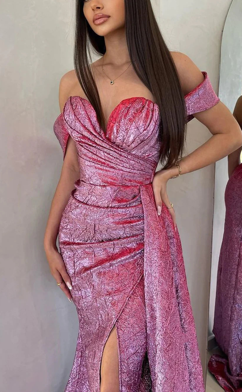 RP1520-Gorgeous Purple Mermaid Off-the-Shoulder Ruched Sleeveless Satin Prom Evening Dresses Formal Party Gowns With Slit