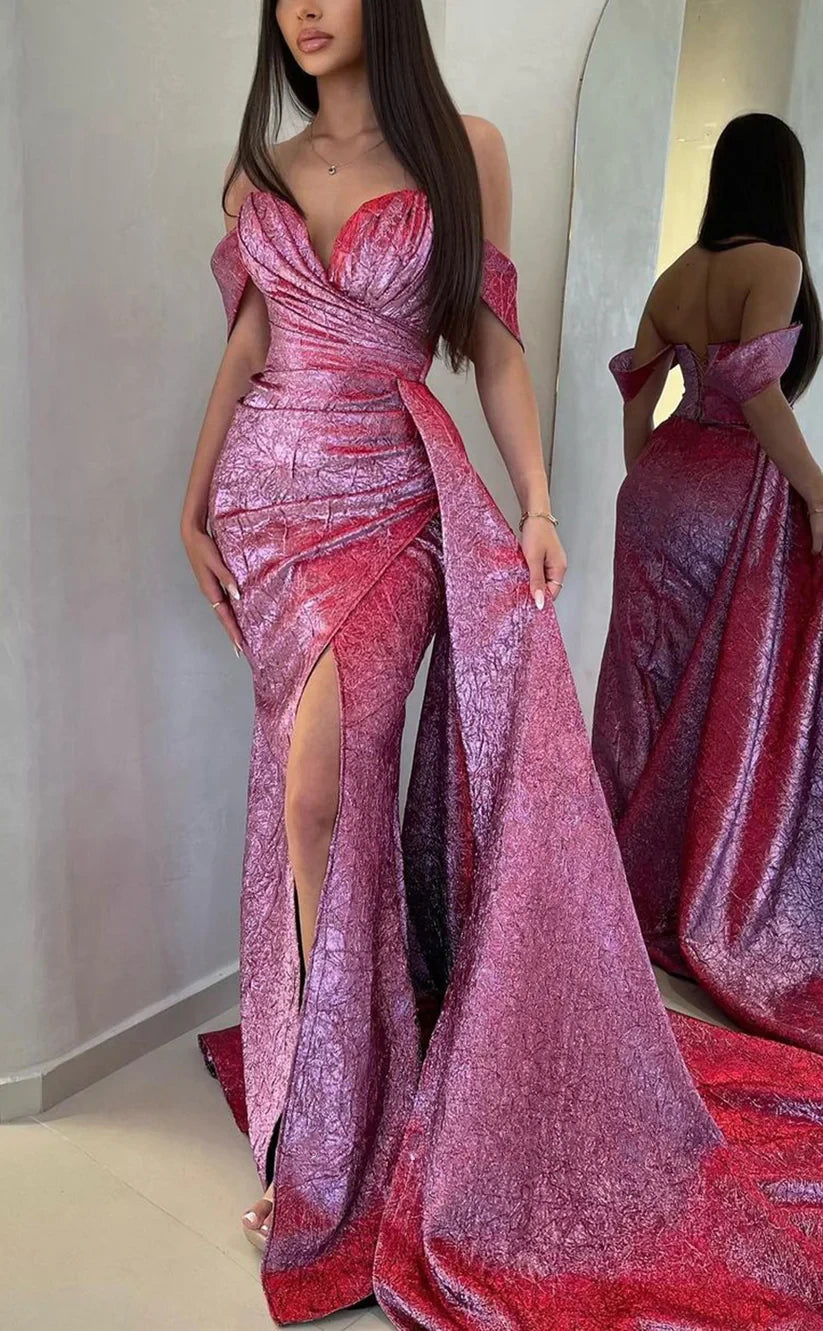 RP1520-Gorgeous Purple Mermaid Off-the-Shoulder Ruched Sleeveless Satin Prom Evening Dresses Formal Party Gowns With Slit