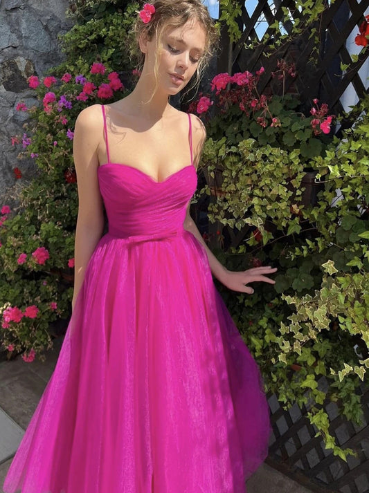 Simple A-Line Sleeveless Spaghetti Straps Ruffles Sweetheart Pleated Tea-Length Tulle Homecoming Graduation Dress Special Occasions Party Gowns Custom