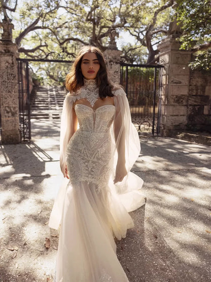 Sexy & Fantastic Mermaid Wedding Dresses Sweetheart Appliqued Beads Tulle Court Train Bridal Gowns With Detachable Jacket