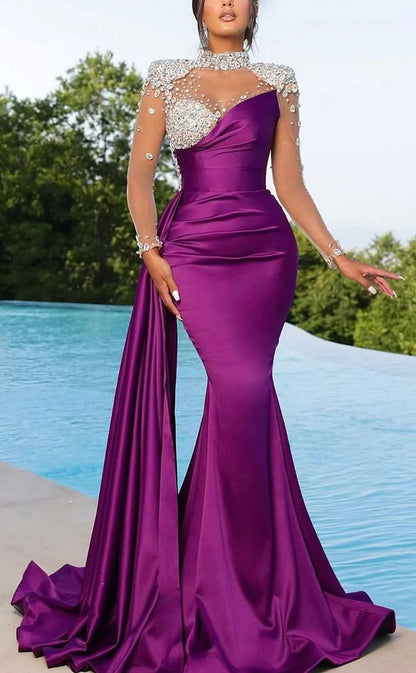 RP1523-Gorgeous Purple Mermaid High Neck Ruched Crystals Long Sleeves Satin Prom Evening Dresses Formal Party Gowns With Slit