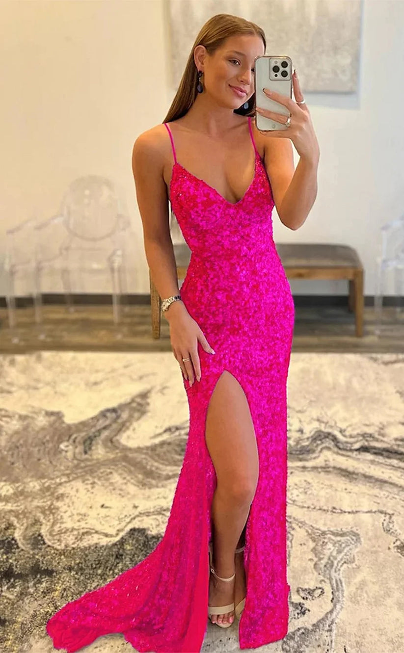 RP1408-Sparkling Fuchsia Mermaid Spaghetti Sequins Sleeveless Prom Evening Dresses Formal Party Gowns With Slit