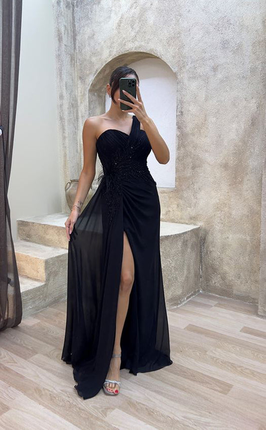 RP1517-Elegant Purple Mermaid One Shoulder Ruched Appliqued Sleeveless Chiffon Prom Evening Dresses Formal Party Gowns With Slit