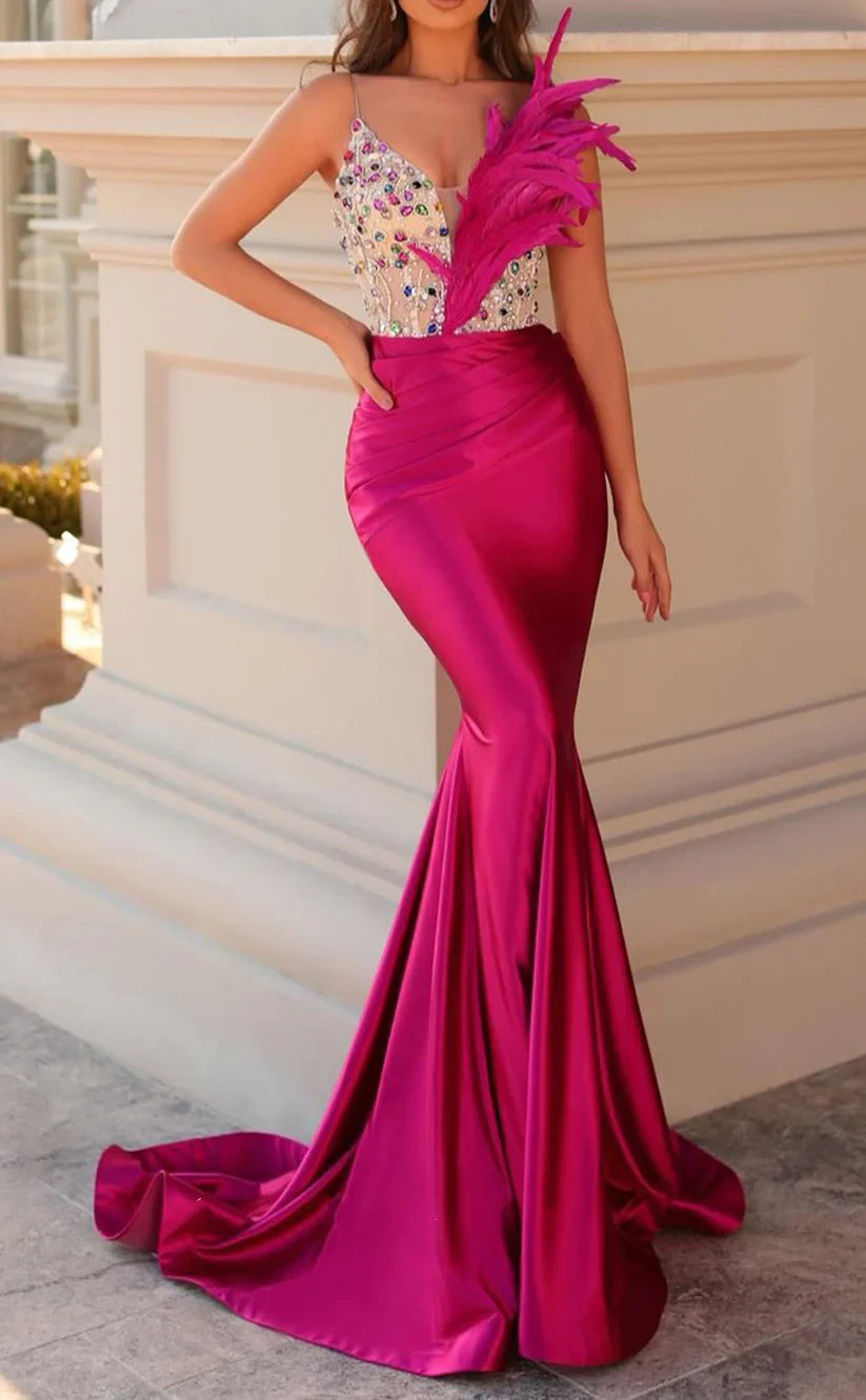 RP443-Elegant Hot Pink Mermaid Spaghetti Beads Crystals Feathers Sleeveless Long Prom Evening Dresses Formal Party Gowns