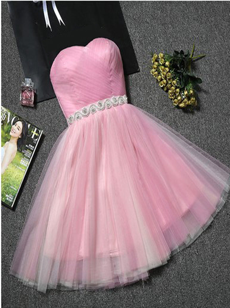 Pink Fashion A-Line Sweetheart Sleeveless Beads Ruffles Sash Tulle Junior Homecoming Graduation Dresses Special Occasions Princess Party Gowns