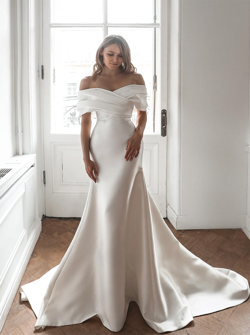 Charming Mermaid Wedding Dresses Sweetheart Off The Shoulder Pleated Detachable Sleeves Court Train Satin Bridal Gowns For Women