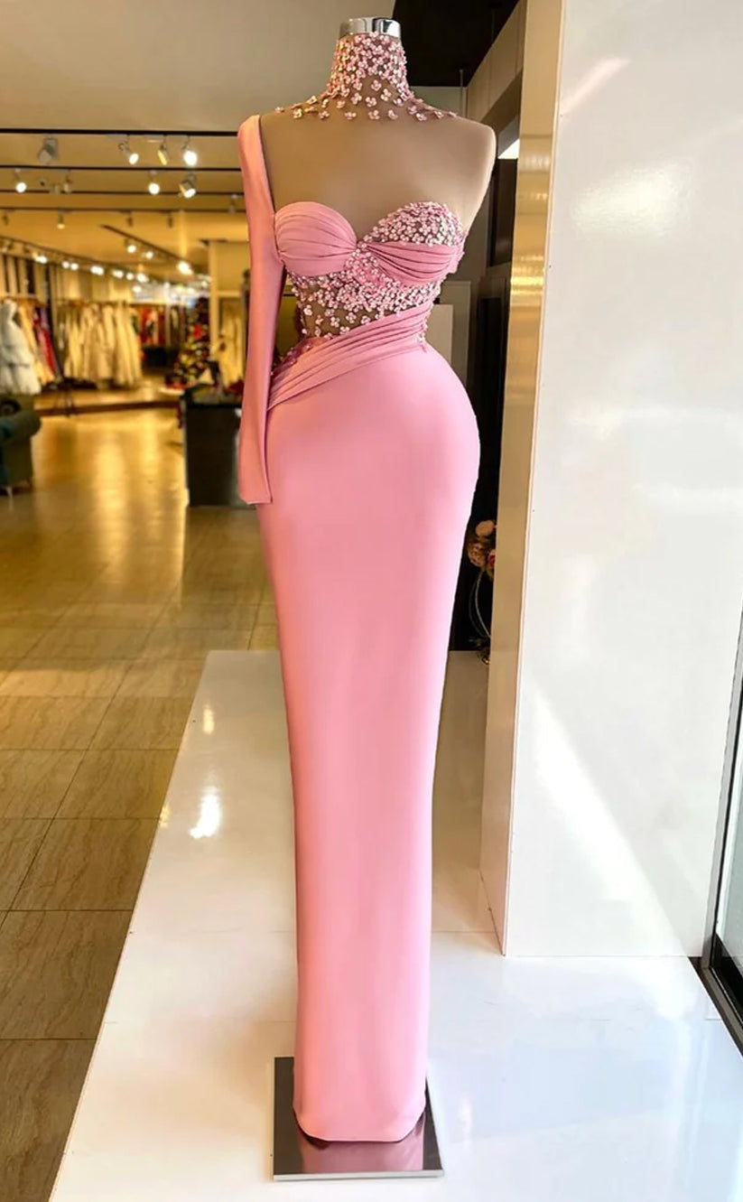 RP358-Gorgeous Pink Mermaid High Neck Pleated Sequins One Long Sleeve Prom Evening Dresses Formal Party Gowns