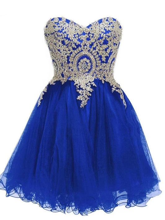 Cute A-Line Applique Sweetheart Sleeveless Lace up Short Homecoming Dresses Luxury Gold  Tulle Graduation Formal Party Gowns Custom