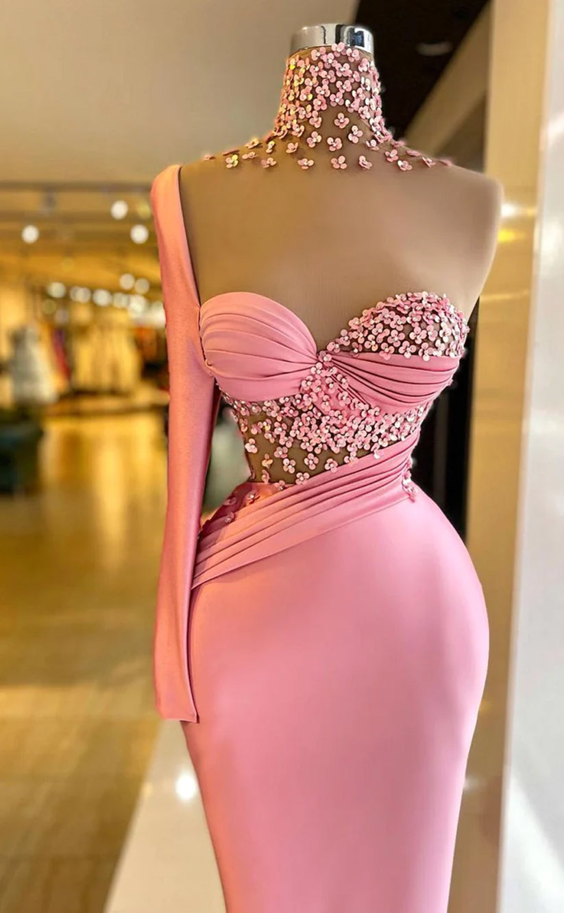 RP358-Gorgeous Pink Mermaid High Neck Pleated Sequins One Long Sleeve Prom Evening Dresses Formal Party Gowns