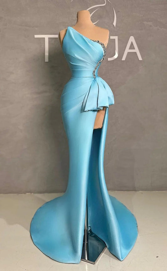 RP1560-Gorgeous Sky Blue Mermaid Asymmetrical Ruched Beaded Sleeveless Satin Prom Evening Dresses Formal Party Gowns With High Slit