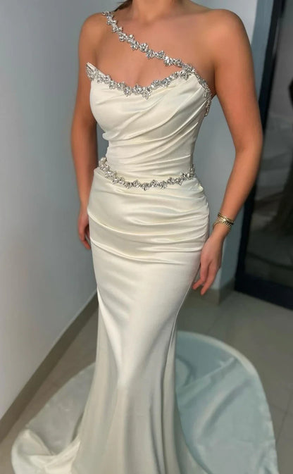 RP444-Gorgeous White Mermaid One Shoulder Beads Crystals Sleeveless Long Prom Evening Dresses Formal Party Gowns