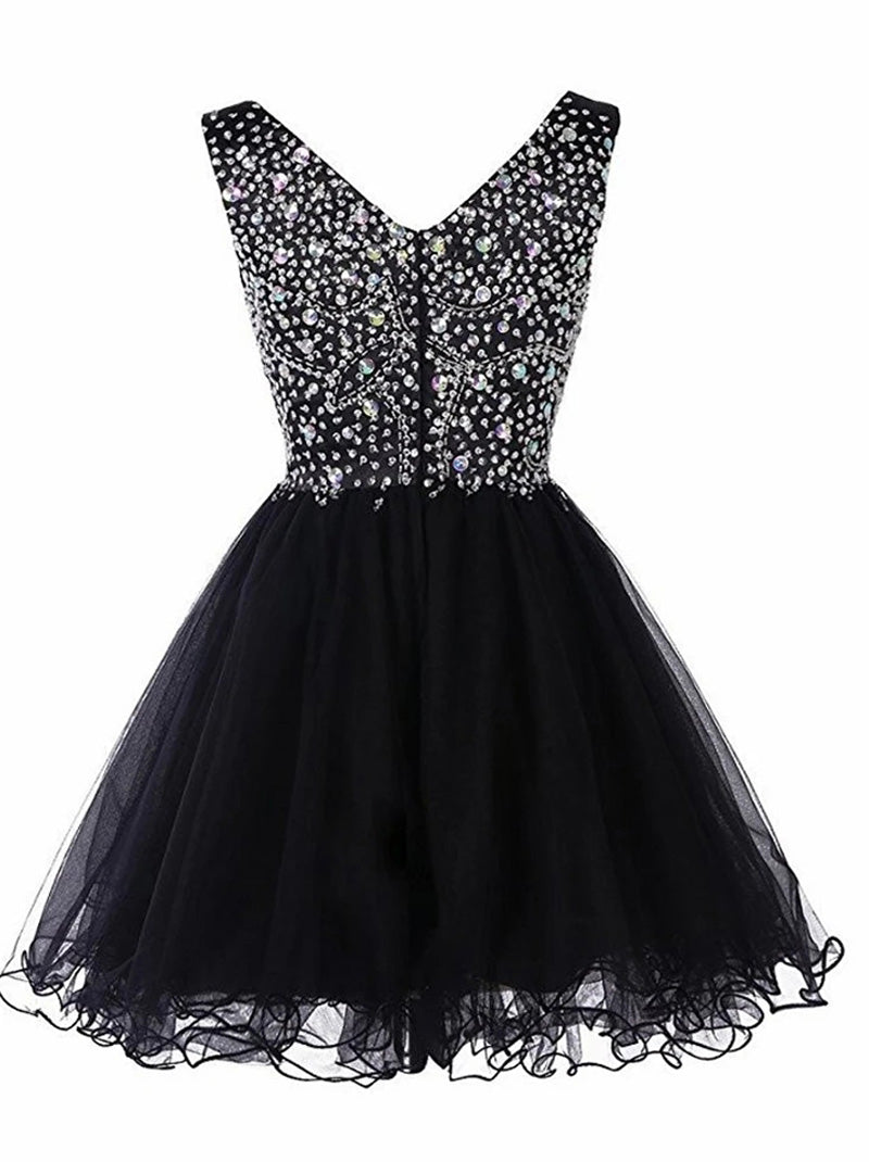 Cute A-Line V-Neck Beads Sequins Sleeveless Zipper Tulle Mini Homecoming Graduation Dresses Party Prom Gowns Custom