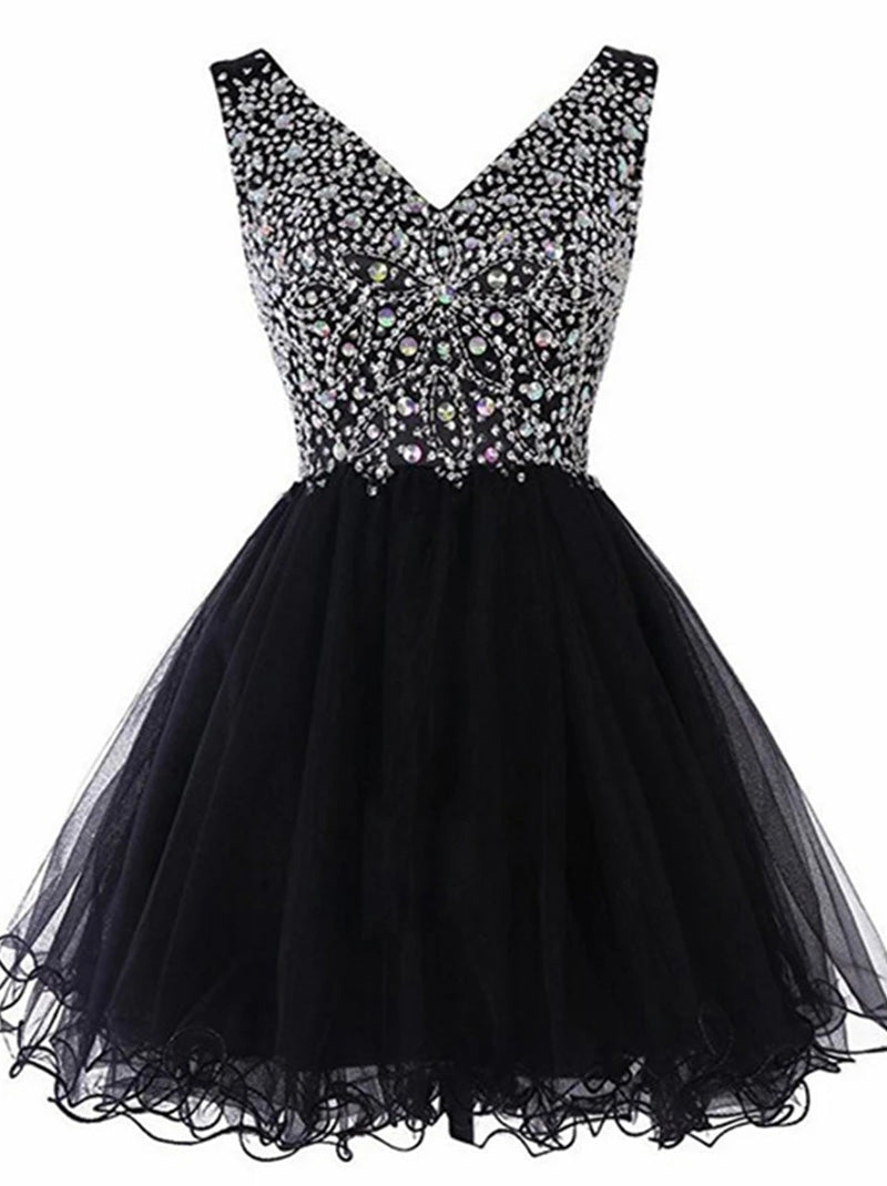 Cute A-Line V-Neck Beads Sequins Sleeveless Zipper Tulle Mini Homecoming Graduation Dresses Party Prom Gowns Custom