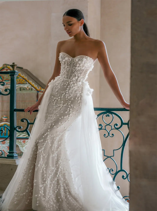 Gorgeous Mermaid Wedding Dresses Sweetheart Appliqued Beads Zipper Sweep Train Tulle Bridal Gowns Custom