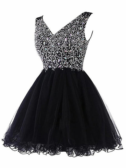 Cute A-Line V-Neck Beads Sequins Sleeveless Zipper Tulle Mini Homecoming Graduation Dresses Party Prom Gowns Custom