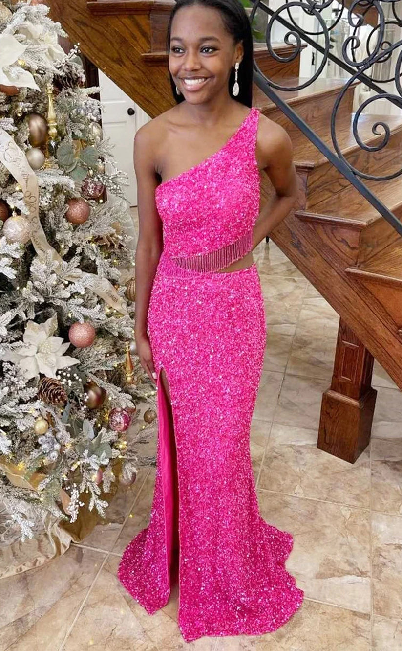 RP003-Luxury Trumpet One Shoulder Cutout Tassels Backless Sequins Long Prom Evening Dresses Formal Party Gowns With Slit
