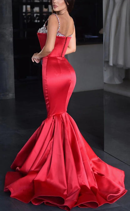 RP1559-Luxury Red Mermaid Spaghetti Crystals Sleeveless Satin Prom Evening Dresses Formal Party Gowns With Train