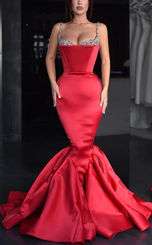 RP1559-Luxury Red Mermaid Spaghetti Crystals Sleeveless Satin Prom Evening Dresses Formal Party Gowns With Train