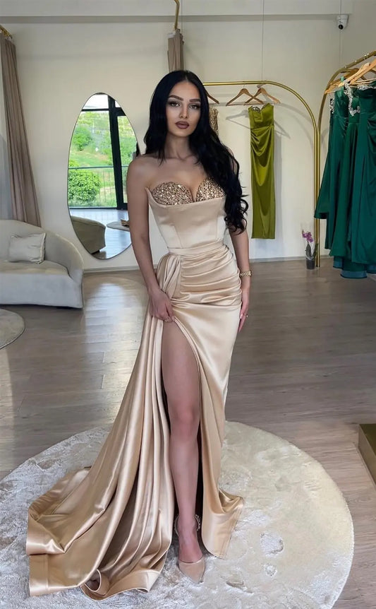 RP1556-Elegant Champagne Mermaid Sweetheart Beaded Ruched Sleeveless Satin Prom Evening Dresses Formal Party Gowns With Slit