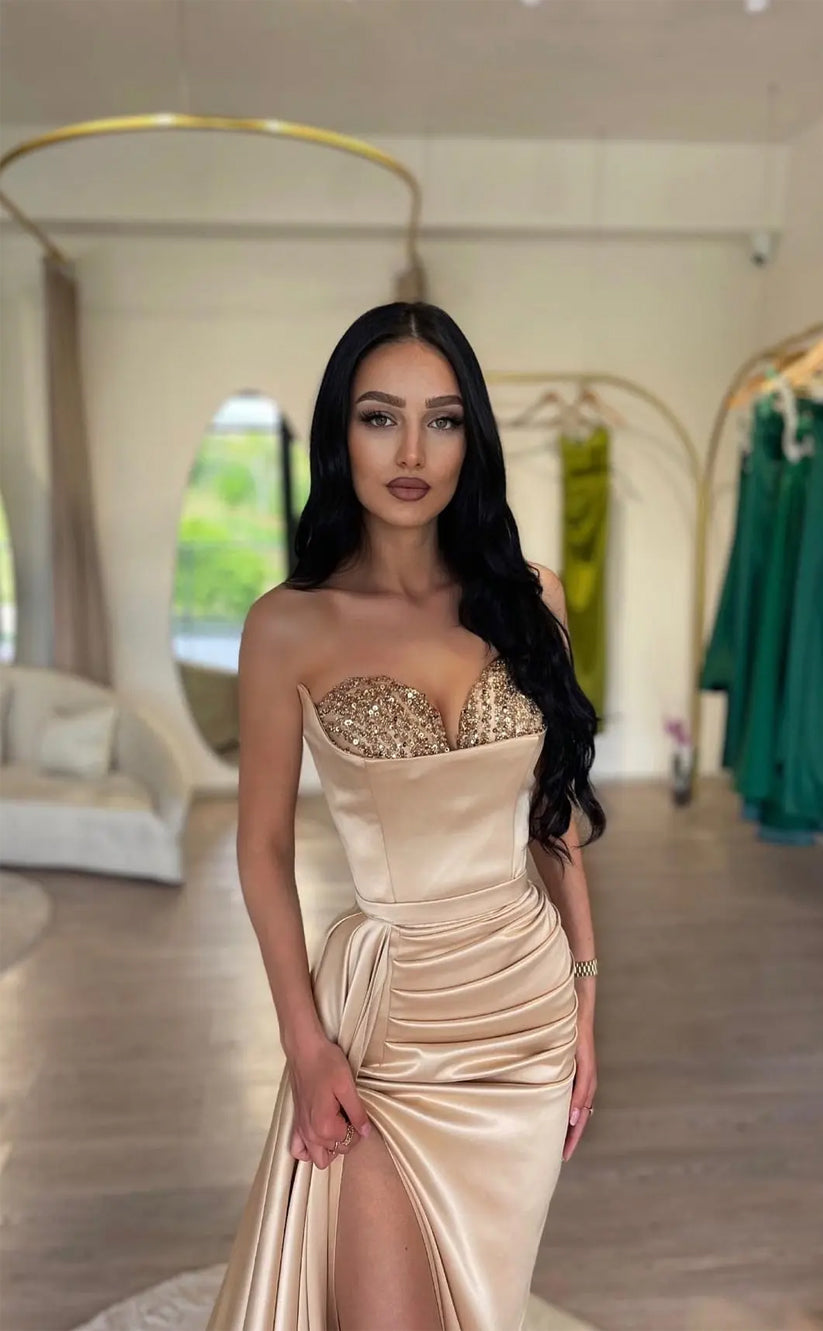 RP1556-Elegant Champagne Mermaid Sweetheart Beaded Ruched Sleeveless Satin Prom Evening Dresses Formal Party Gowns With Slit