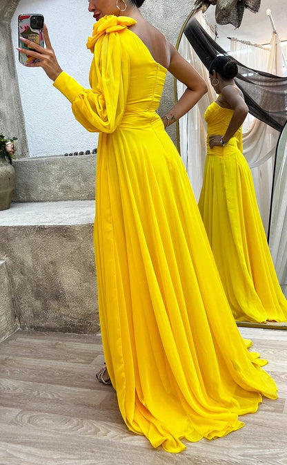 RP1562-Gorgeous Yellow  A-Line One Shoulder Flower One Long Sleeve Chiffon Prom Evening Dresses Formal Party Gowns With Slit