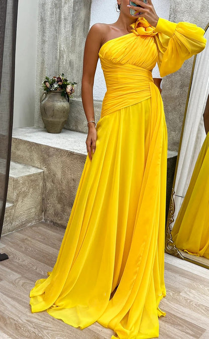 RP1562-Gorgeous Yellow  A-Line One Shoulder Flower One Long Sleeve Chiffon Prom Evening Dresses Formal Party Gowns With Slit