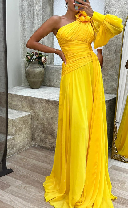 RP1562-Gorgeous Yellow  A-Line One Shoulder Flower One Long Sleeve Chiffon Prom Evening Dresses Formal Party Gowns With Slit