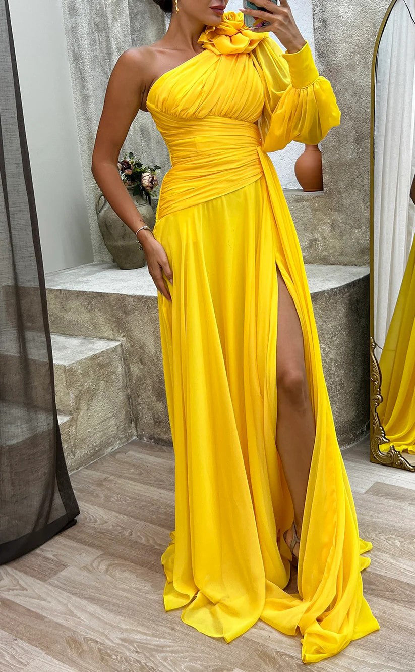 RP1562-Gorgeous Yellow  A-Line One Shoulder Flower One Long Sleeve Chiffon Prom Evening Dresses Formal Party Gowns With Slit