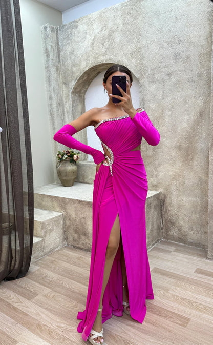 RP1563-Gorgeous Fuchsia Mermaid One Shoulder Beaded Long Sleeves Chiffon Prom Evening Dresses Formal Party Gowns With Slit