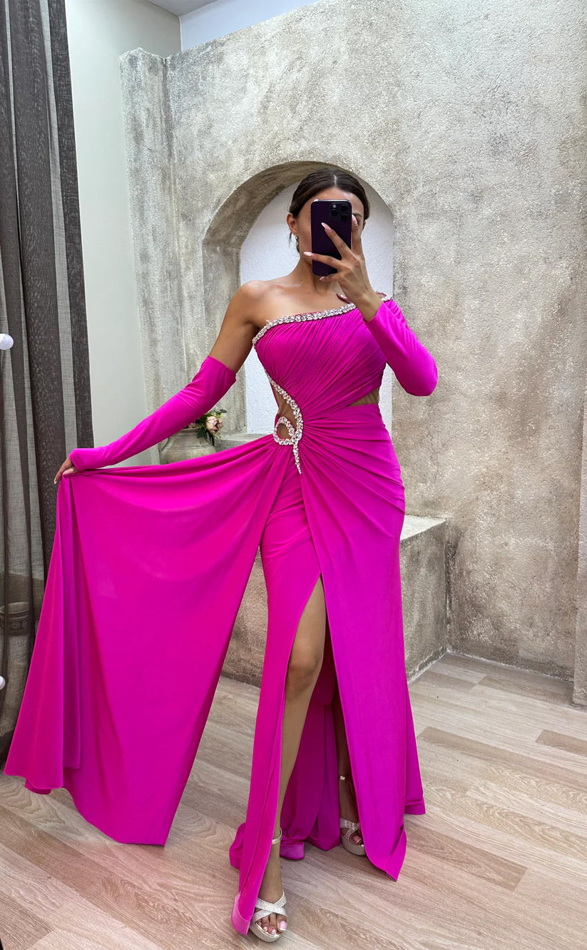 RP1563-Gorgeous Fuchsia Mermaid One Shoulder Beaded Long Sleeves Chiffon Prom Evening Dresses Formal Party Gowns With Slit