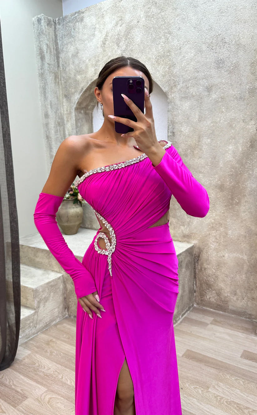 RP1563-Gorgeous Fuchsia Mermaid One Shoulder Beaded Long Sleeves Chiffon Prom Evening Dresses Formal Party Gowns With Slit