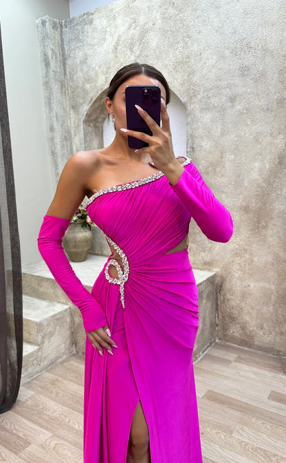 RP1563-Gorgeous Fuchsia Mermaid One Shoulder Beaded Long Sleeves Chiffon Prom Evening Dresses Formal Party Gowns With Slit