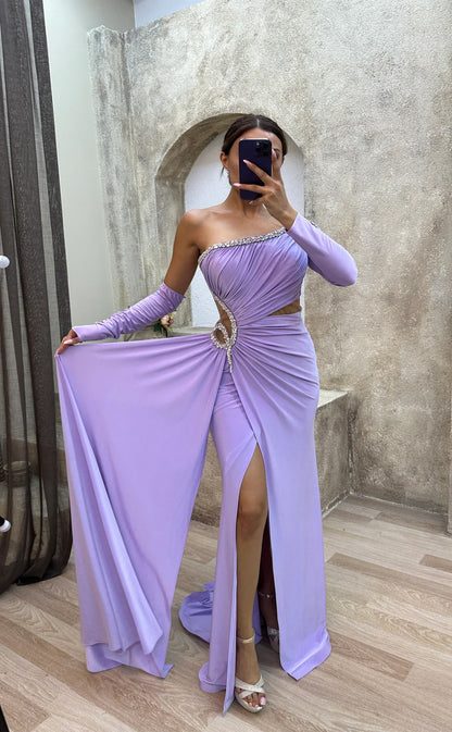 RP1563-Gorgeous Fuchsia Mermaid One Shoulder Beaded Long Sleeves Chiffon Prom Evening Dresses Formal Party Gowns With Slit