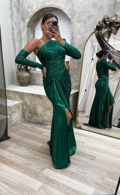 RP1564-Gorgeous Green Mermaid One Shoulder Ruched Long Sleeves Chiffon Prom Evening Dresses Formal Party Gowns With Slit