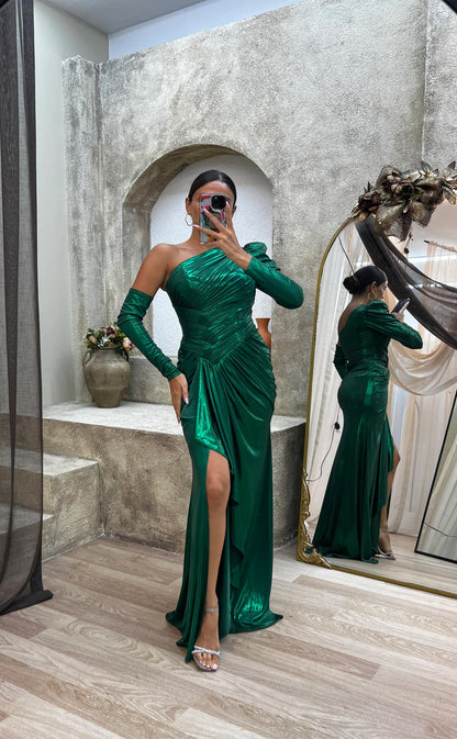 RP1564-Gorgeous Green Mermaid One Shoulder Ruched Long Sleeves Chiffon Prom Evening Dresses Formal Party Gowns With Slit