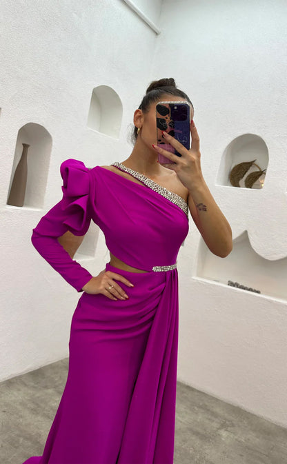 RP1565-Gorgeous Fuchsia Mermaid One Shoulder Beaded Long Sleeves Chiffon Prom Evening Dresses Formal Party Gowns With Slit