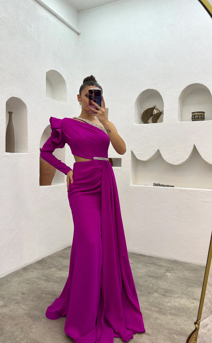 RP1565-Gorgeous Fuchsia Mermaid One Shoulder Beaded Long Sleeves Chiffon Prom Evening Dresses Formal Party Gowns With Slit