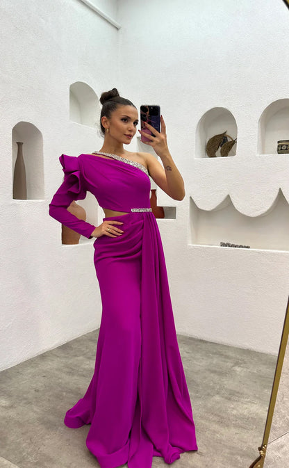 RP1565-Gorgeous Fuchsia Mermaid One Shoulder Beaded Long Sleeves Chiffon Prom Evening Dresses Formal Party Gowns With Slit